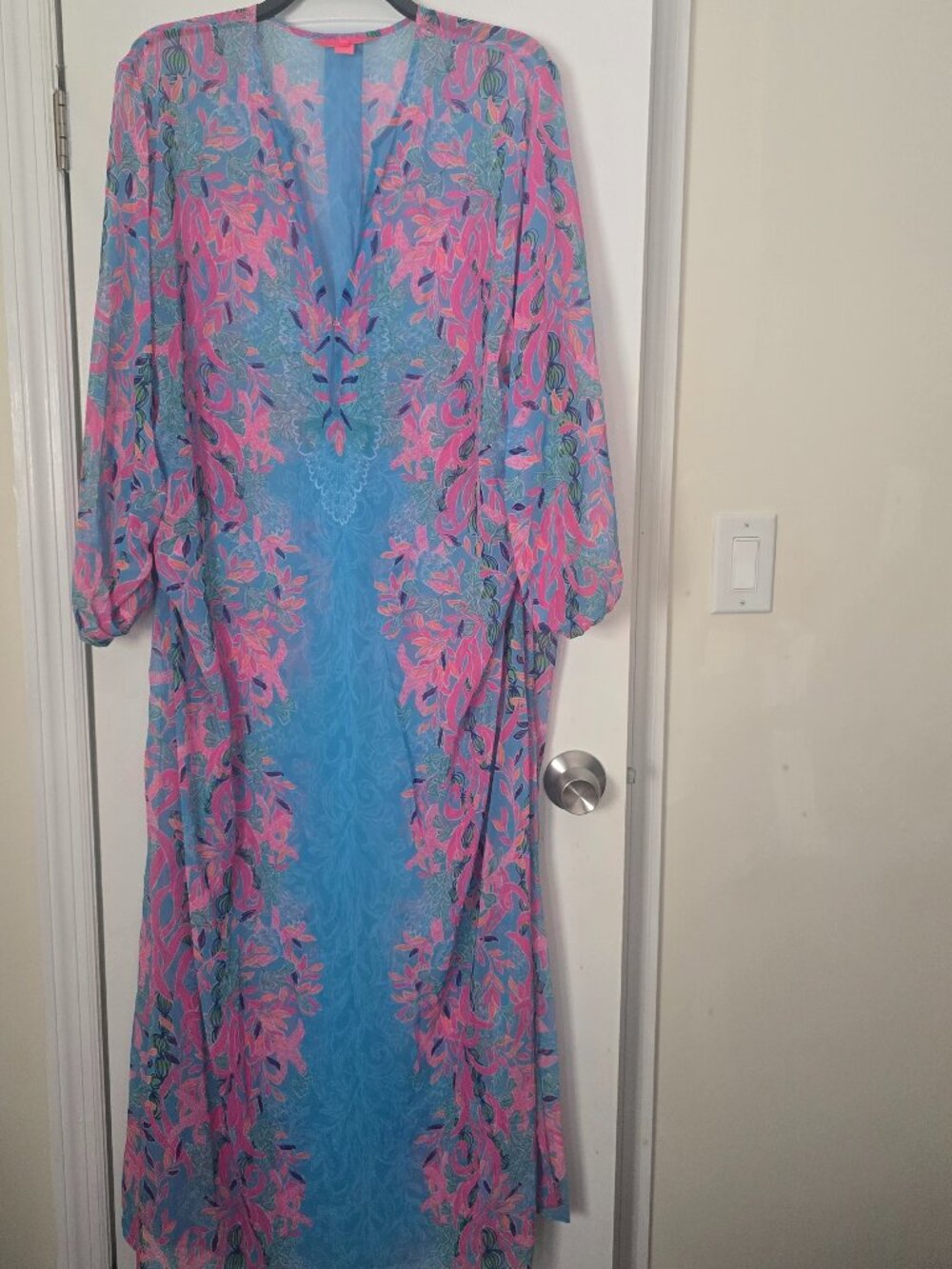 Lilly Pulitzer Frey Maxi Dress cover up seaweed Samba Pink/blue L/XL